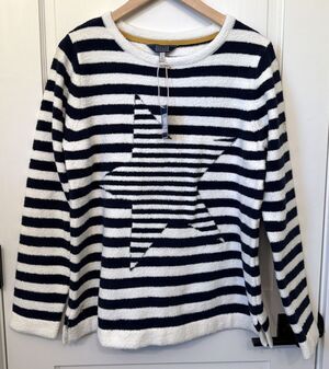 NWT Joules Knitwear Women Striped Star Navy Cream Sweater Sz 12 Nautical Coastal